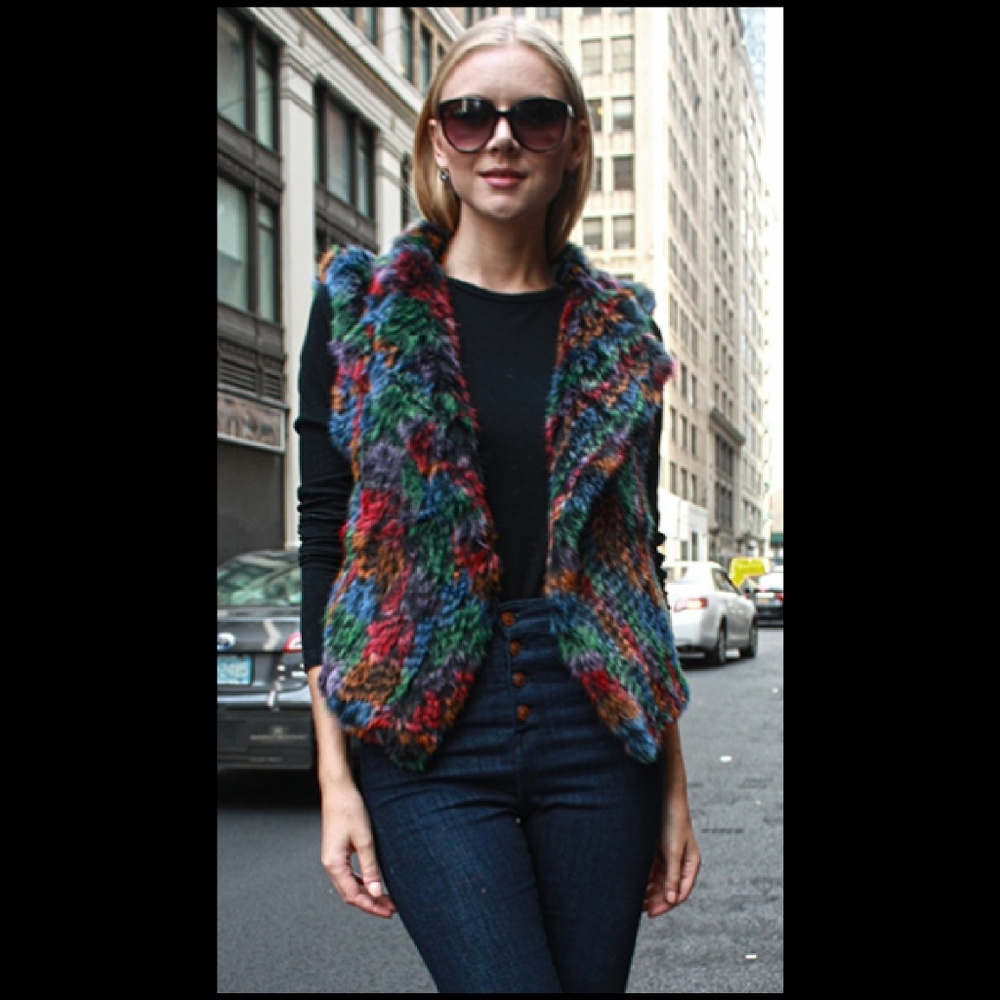Multi Colored Knit Rabbit Fur Vest - Picture 3 of 8